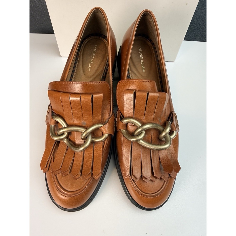 Antoio Melani Leather Fringe Chain Loafers Size 6 Brown Chunky Platform Slipon